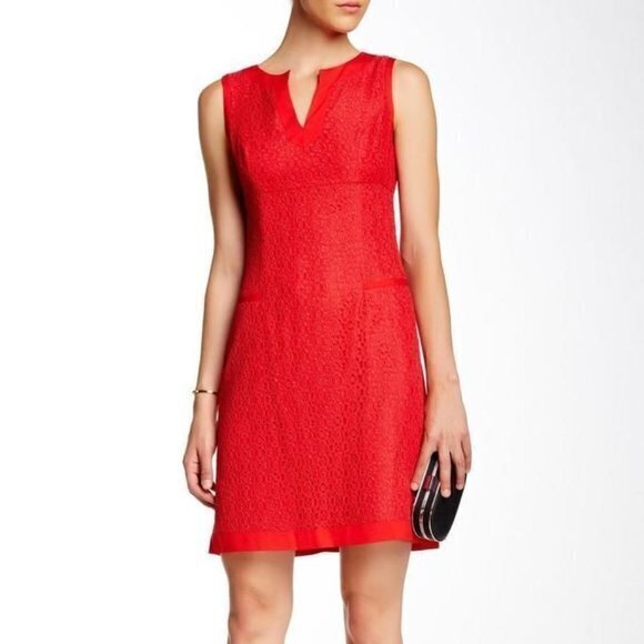 Adrianna Papell‎ Lace Red Dress Split Neck Sleeveless Womens Size 4 Lined - Picture 1 of 8